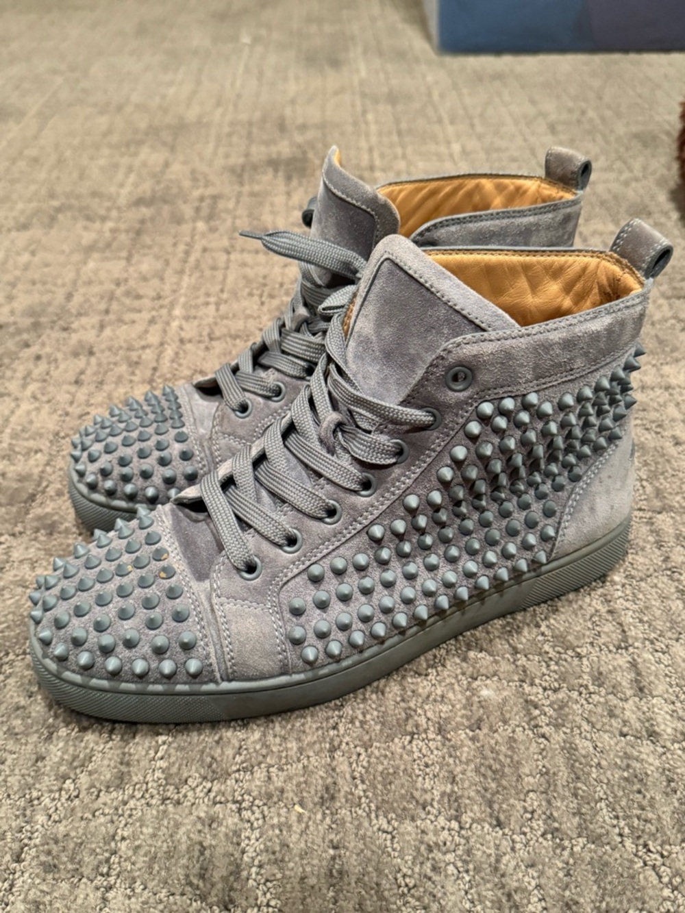 Christian Louboutin Gray Suede Studded High-Top Sneakers - Picture 3 of 6
